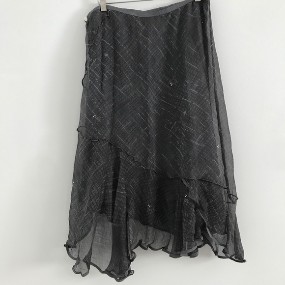 100% Silk Midi A Line Skirt Gray Chiffon Lettuce Hem Side Zip Womens M - Picture 4 of 12